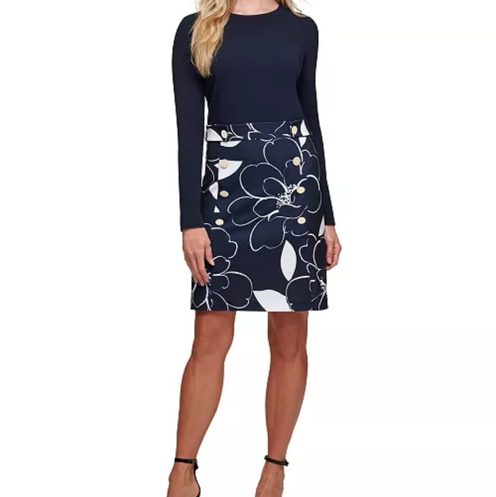 NWT DKNY Printed Skirt Sheath work long sleeve Dress